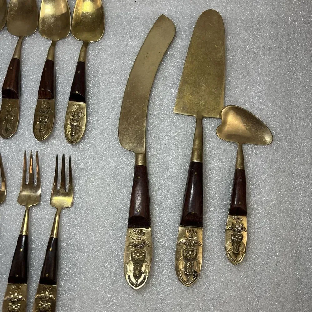 VTG Siam MCM THAILAND BUDDHA BRONZEWARE BRASS 18PC SET Fruit Fork Dessert Spoons